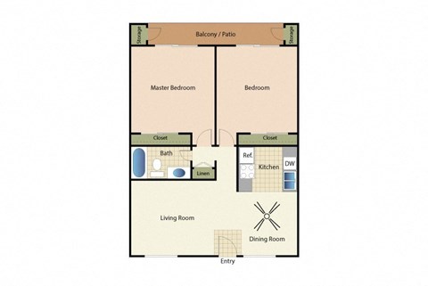 Two bedrooms one bathroom apartment floorplan